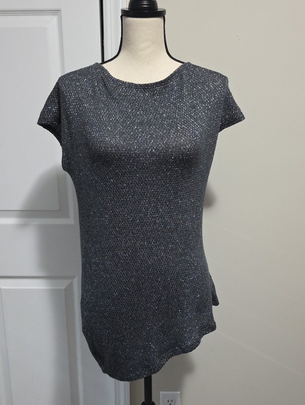 Stella & Dot Asymmetricsl Knit Top Shirt Black and Silver Shimmer Medium